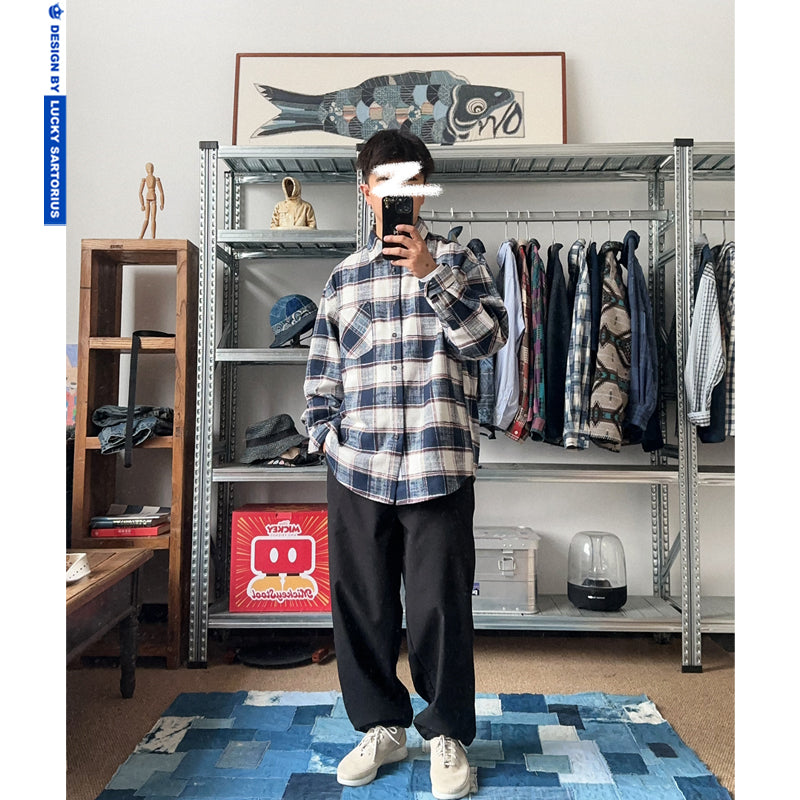 Japanese slub cotton thick long-sleeved plaid shirt