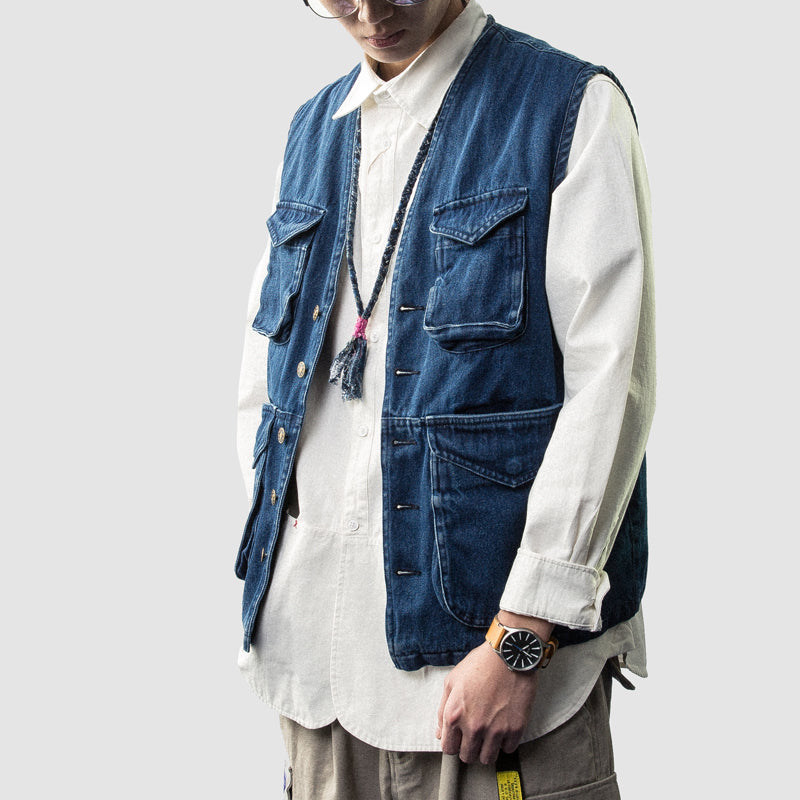 Spring and summer Japanese men's three-dimensional multi-pocket frock style jeans vest outdoor outer men's fashion