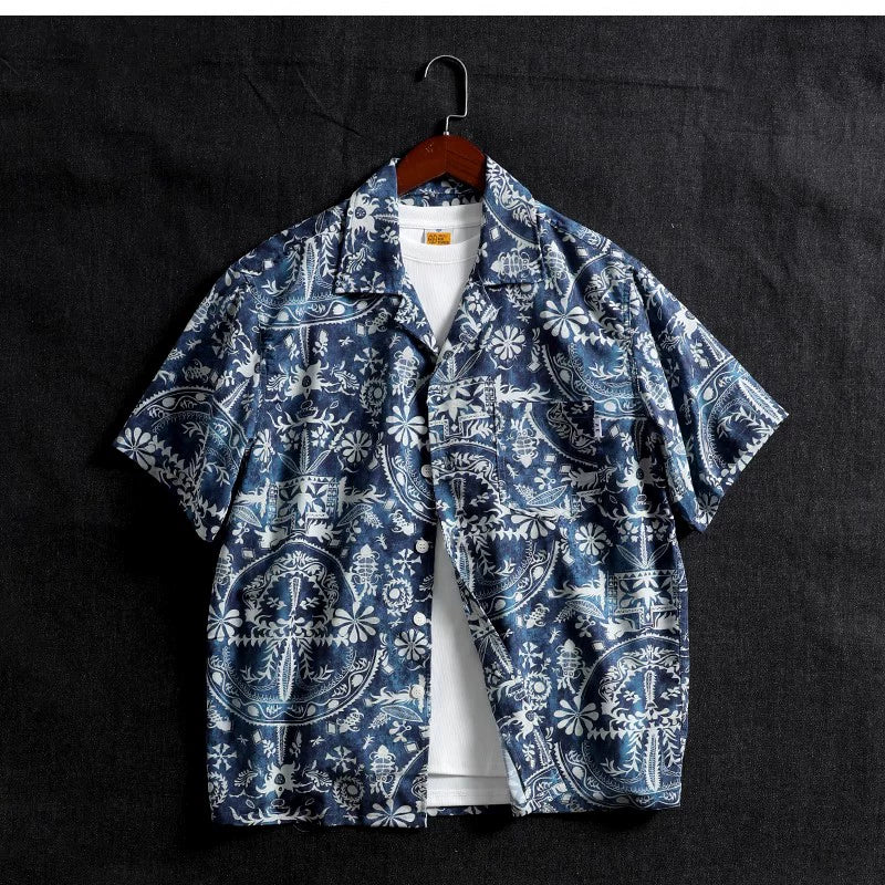Vintage pattern Hawaiian Cuban collar beach short sleeve shirt