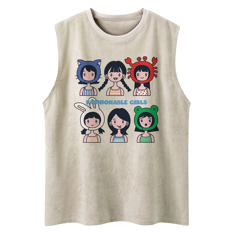 Vintage little girl print vest for men and women summer oversize couple sleeveless T-shirt