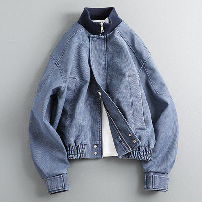 Patchwork Ribbed Stand-Neck PU Leather Jacket – Japanese Vintage Loose Unisex – Coats Jackets | japanese streetwear | vintage workwear | unisex | Yamalinclothes