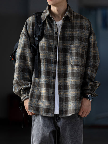 Retro Brushed Plaid Shirt – Thickened Loose Workwear Long Sleeve Jacket for Men – Japanese vintage | yamalin clothes | Yamalinclothes