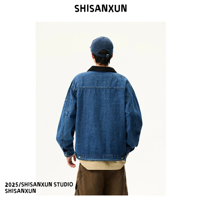 Vintage Washed Distressed Blue Short Lapel Jacket – Workwear Style (Unisex)