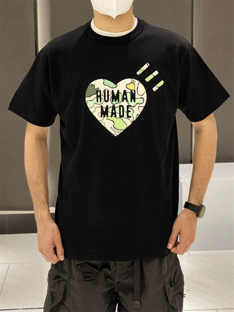Very good-looking ~ HMAN co-branded KAWS camouflage ape head heart print slub cotton short sleeve T-shirt summer nigo