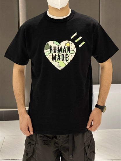 Very good-looking ~ HMAN co-branded KAWS camouflage ape head heart print slub cotton short sleeve T-shirt summer nigo