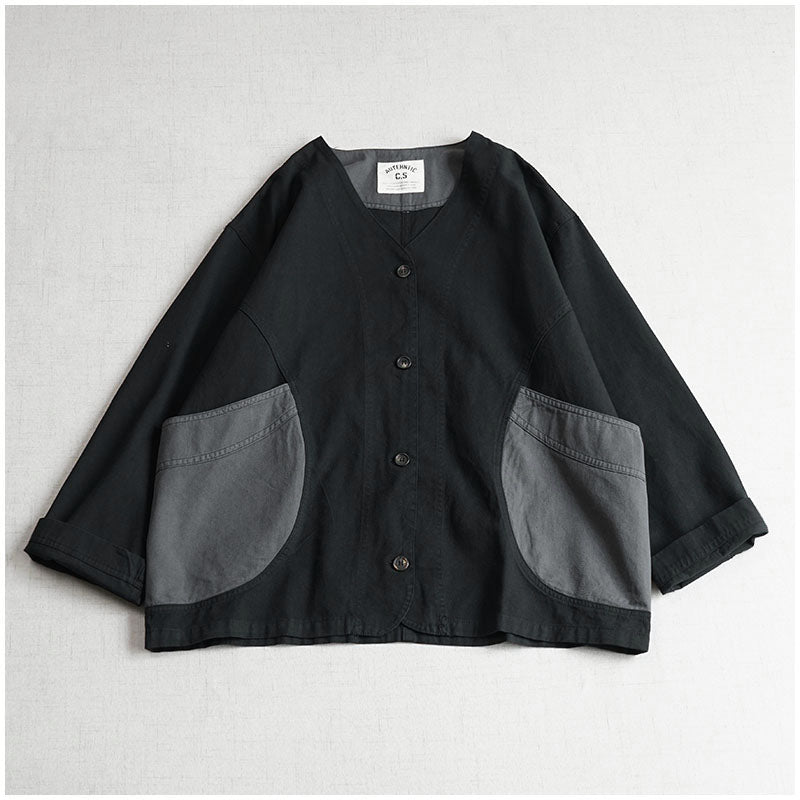 Japanese Color-Blocked V-Neck Pocket Jacket – Retro Cotton Spring/Autumn (Unisex)