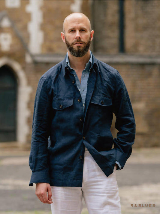 [R&BLUES linen shirt jacket] navy green bean paste green brown linen long-sleeved hunting jacket