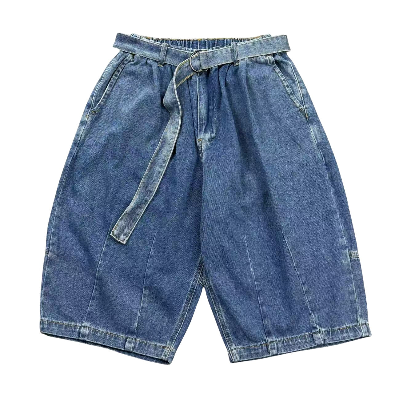 Japanese vintage washed distressed loose straight-leg denim shorts Cityboy high street elasticated waist casual shorts