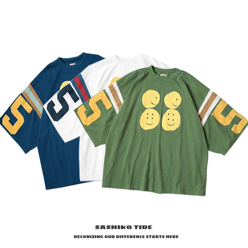 Japanese three-color batik color matching letter smiley face five-point sleeve loose short sleeve T