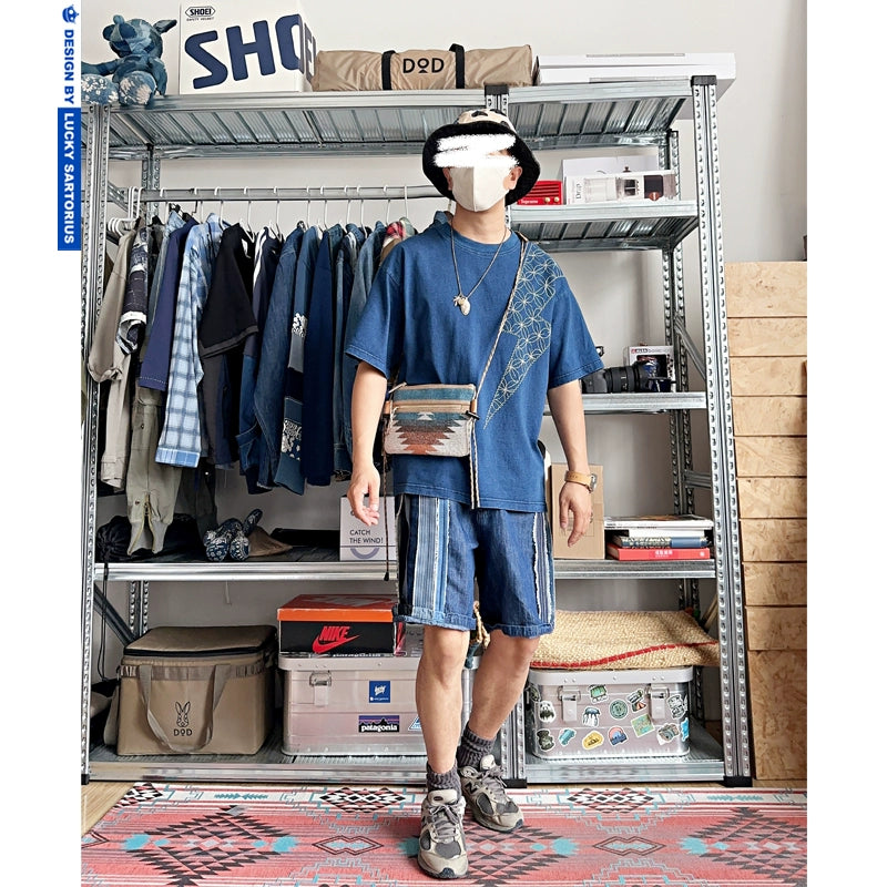 Japanese vintage men's lightning embroidery washed blue dyed denim men's top short sleeve crewneck T-shirt men's and women's t-shirts