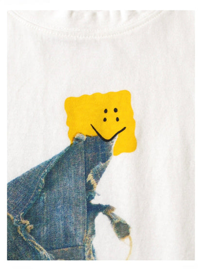 26SS Japanese Artisan Cotton Denim Smiley Face Print Loose Crew Neck Short Sleeve T-Shirt | Japanese vintage | yamalin clothes | Yamalinclothes