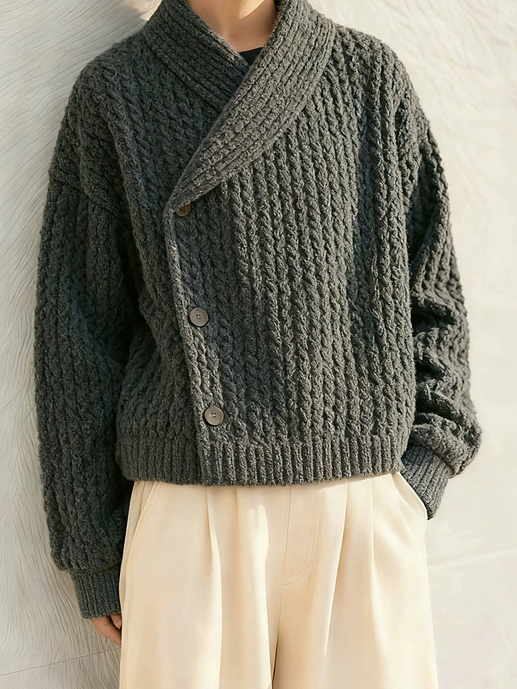 Women's 2025 Winter Old Money Style Knitted Sweater Jacket - Dark Gray-Green Fruit Collar Thick Thread Lazy Fit Top