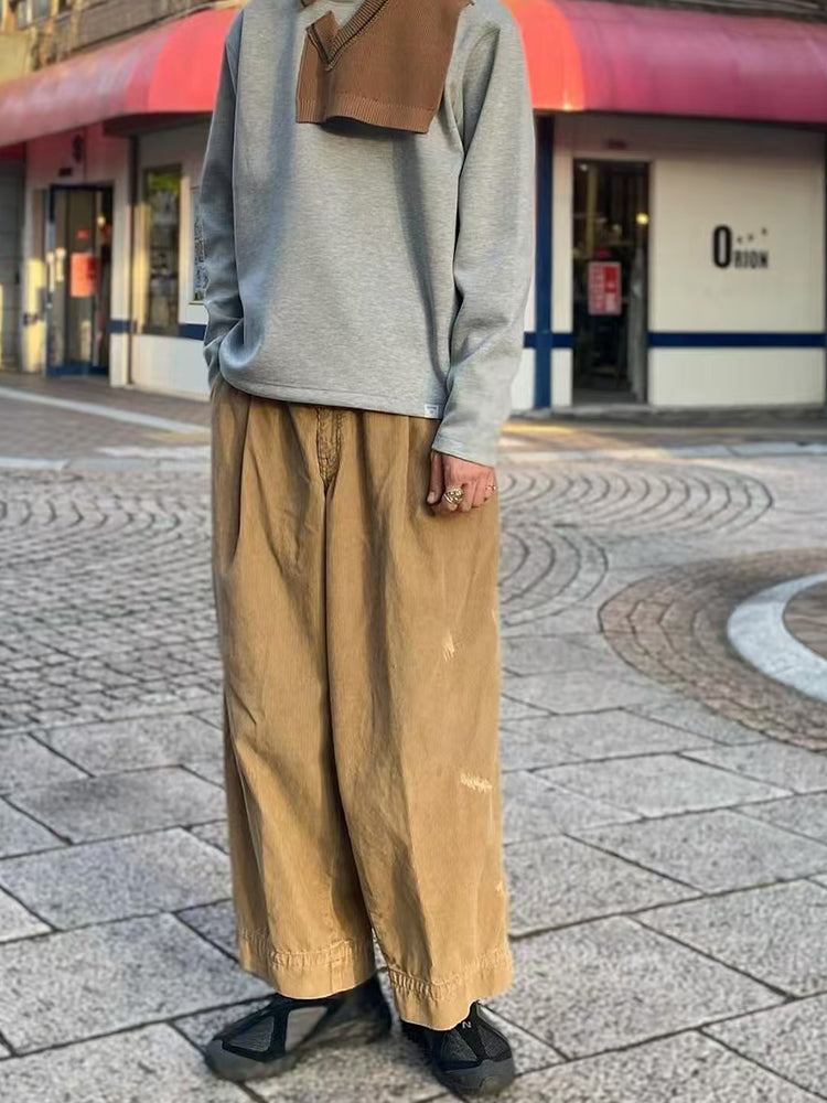 Japanese two-tone casual trend distressed unisex loose corduroy pants