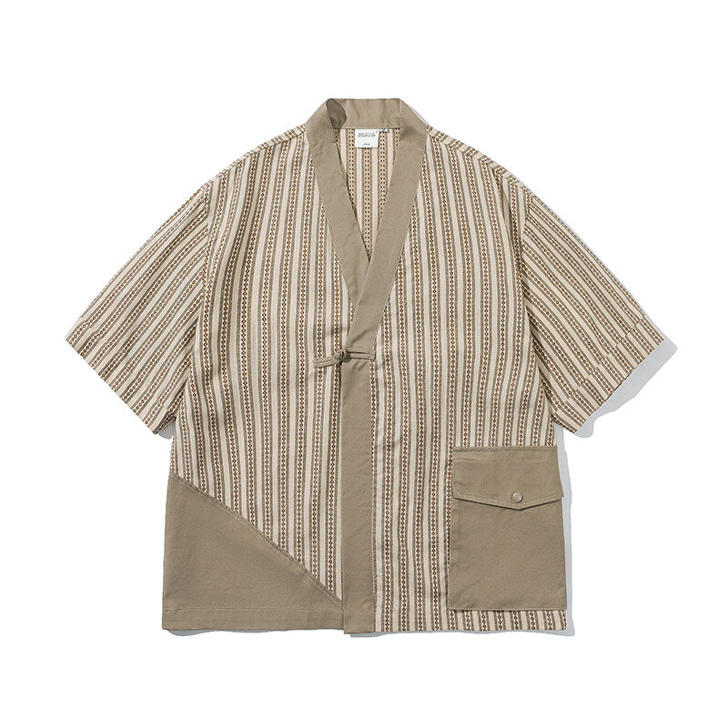 Summer Striped Short-sleeved Robe Japanese Patchwork Shirt Loose Half-Sleeved Jacket