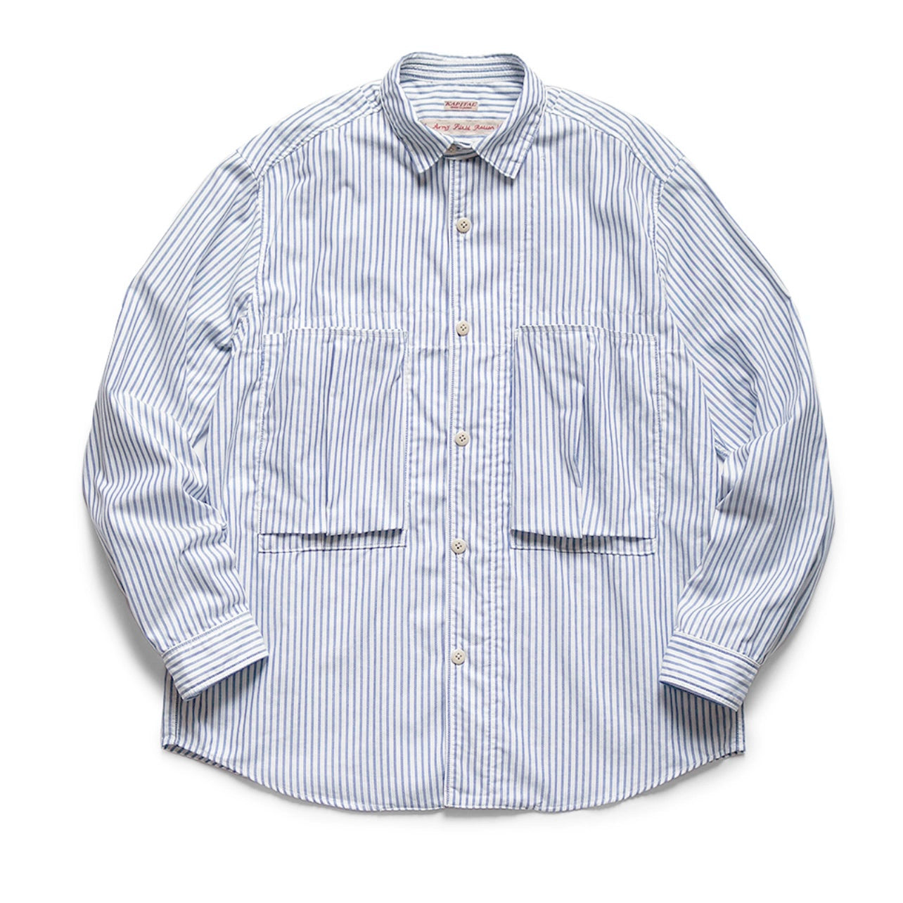 Japanese casual pleated two-pocket blue and white striped lapel loose long-sleeved shirt