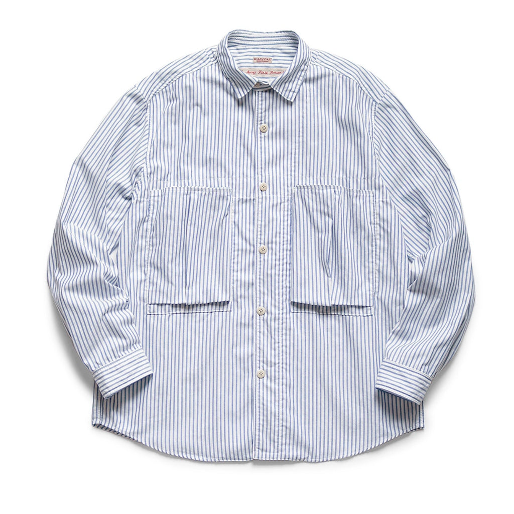 Japanese casual pleated two-pocket blue and white striped lapel loose long-sleeved shirt
