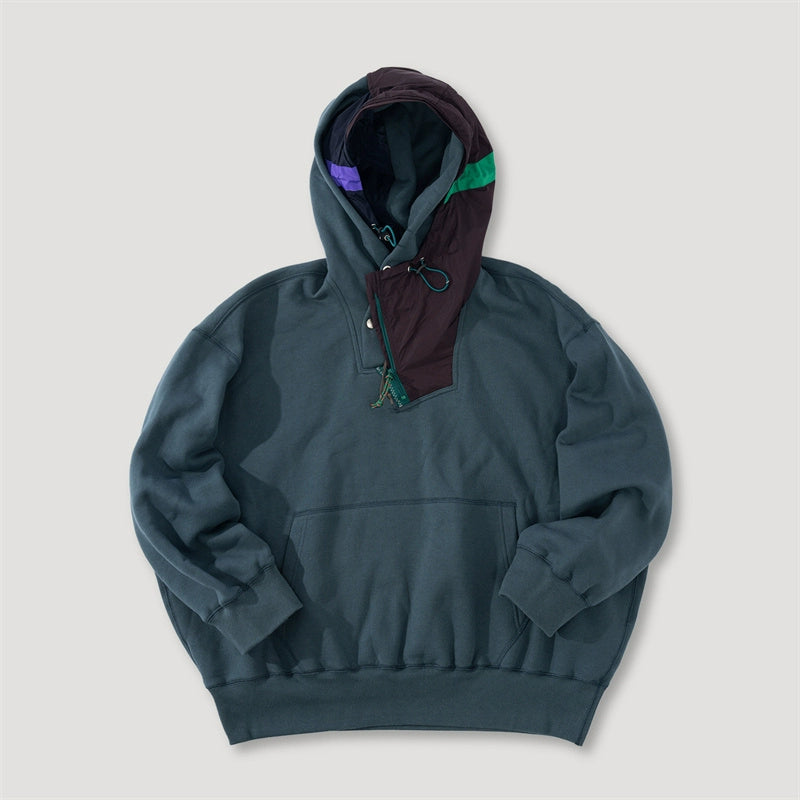 Three-color pure cotton Japanese nylon splicing irregular hooded loose sweatshirt