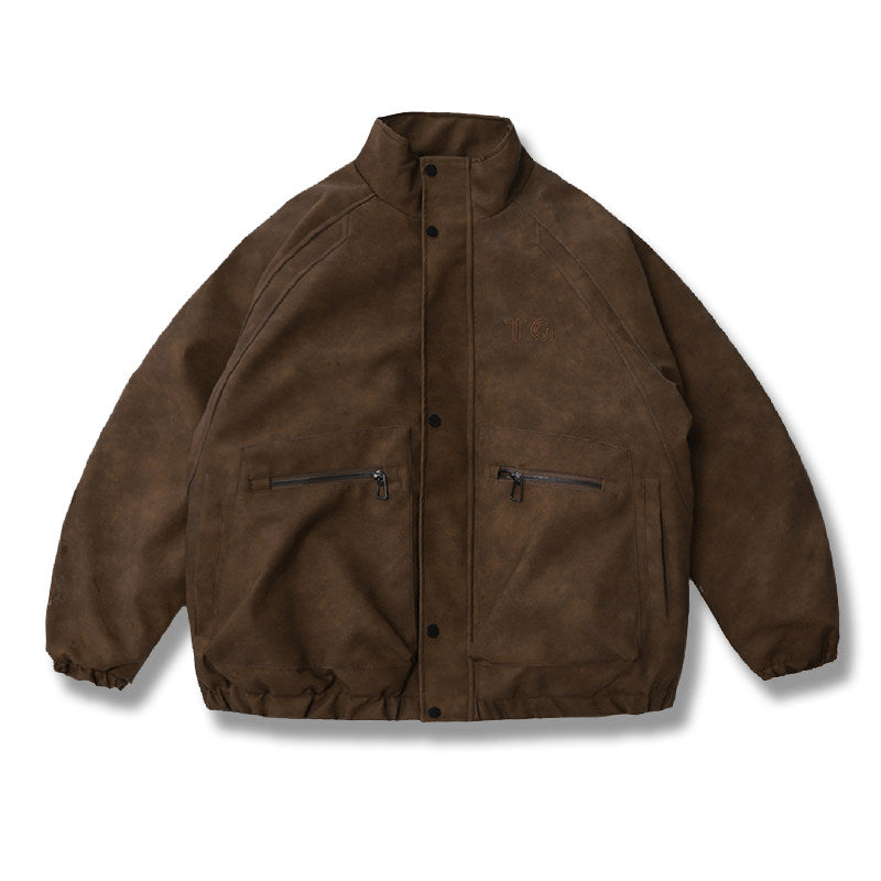 Embroidered Stand Collar Leather Jacket – American Retro Thickened Windproof Unisex – Coats Jackets | japanese streetwear | vintage workwear | unisex | Yamalinclothes