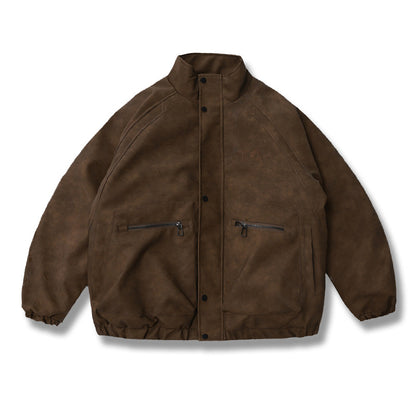 Embroidered Stand Collar Leather Jacket – American Retro Thickened Windproof Unisex – Coats Jackets | japanese streetwear | vintage workwear | unisex | Yamalinclothes
