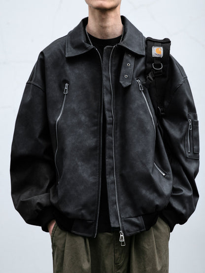 Double-Zip Stand-Collar PU Leather Jacket – Vintage Oversized Unisex