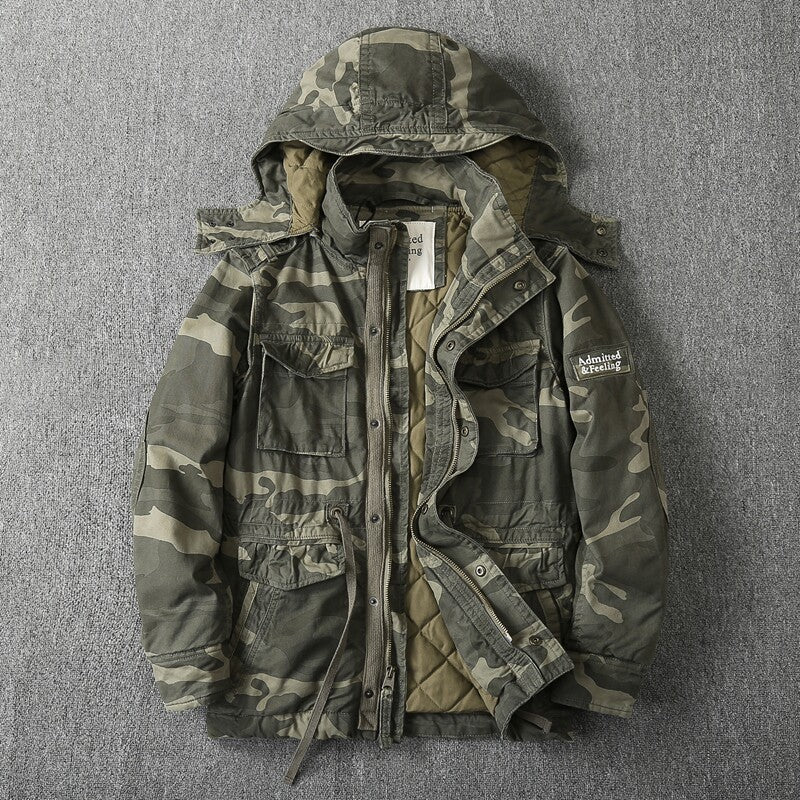 Heavy Distressed Hooded Camouflage Cargo Jacket – Oversized Cotton Outdoor Coat