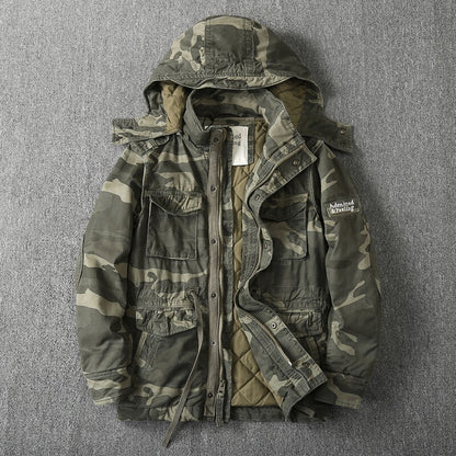 Heavy Distressed Hooded Camouflage Cargo Jacket – Oversized Cotton Outdoor Coat