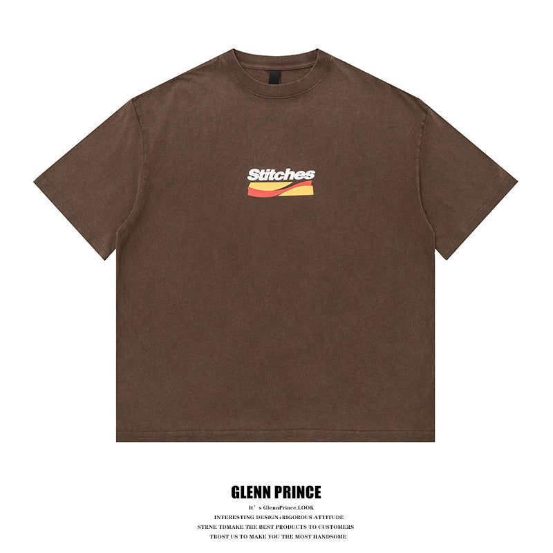 Japanese casual 320g heavy foam print washed short sleeve T-shirt men's summer half sleeve t-shirt