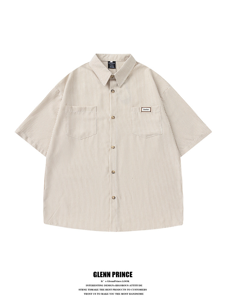 Japanese fashion brand embroidered vertical stripe short sleeve shirt men's summer thin casual and versatile silhouette shirt