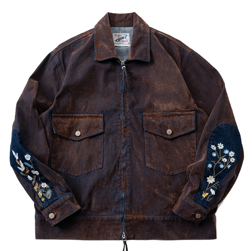 Japanese retro washed old multi-pocket tooling embroidery water drop patch sleeve jacket