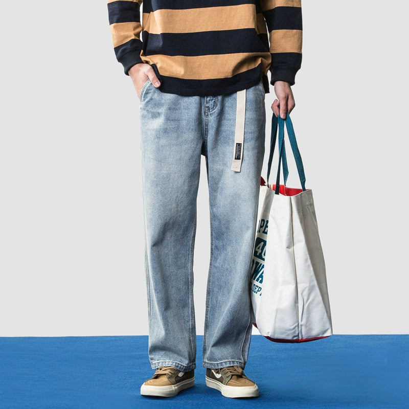 spring new men's clothing light-colored washed old men's tooling style wide-leg straight American jeans men's pants