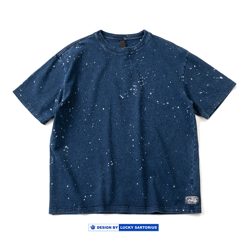 Japanese retro Indigo washed high-gram weight all-cotton ink-splashed short-sleeved T-shirt