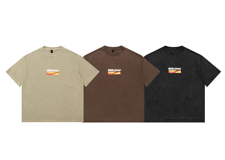 Japanese casual 320g heavy foam print washed short sleeve T-shirt men's summer half sleeve t-shirt