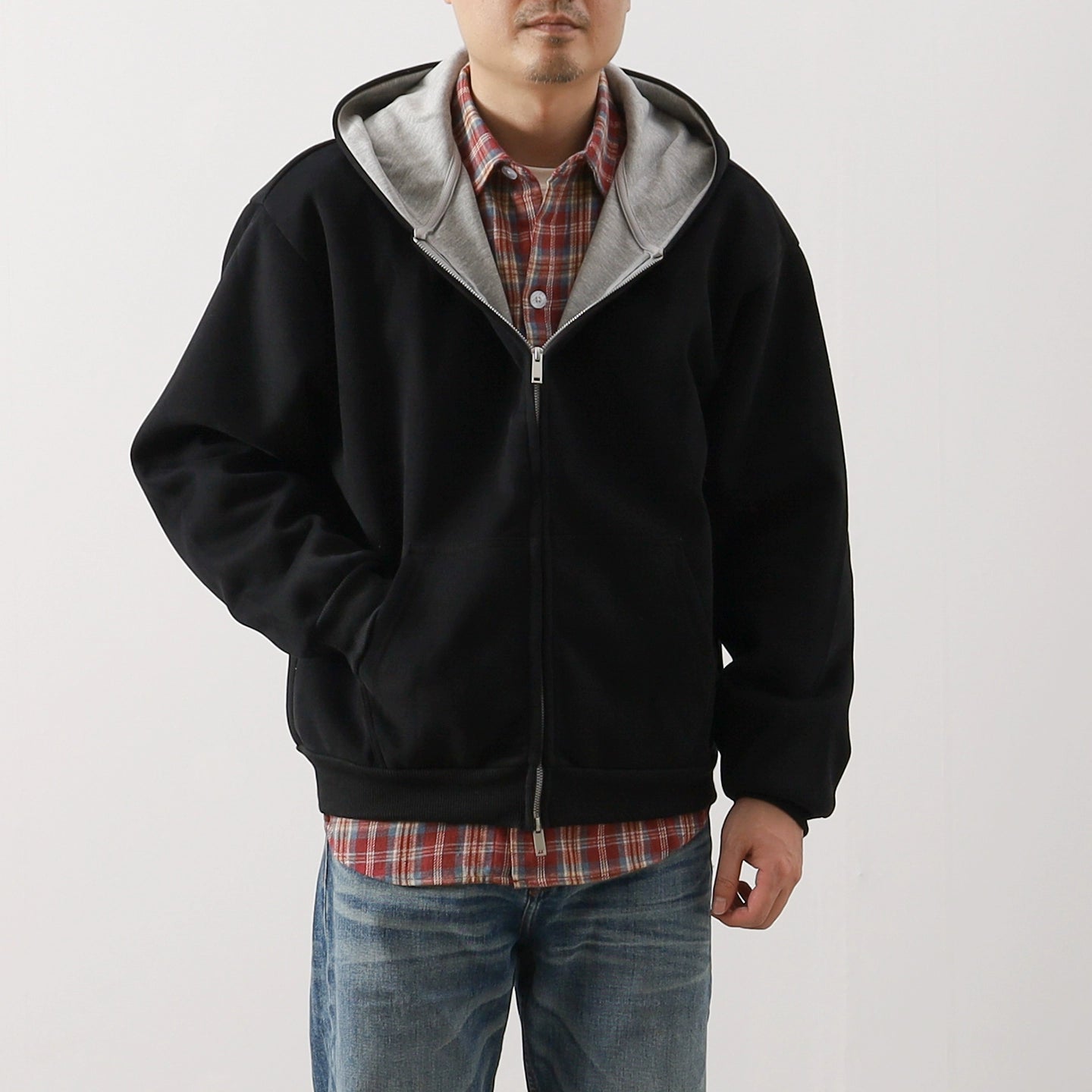 Heavy Contrast-Lined Hooded Cardigan – Short & Wide Loose Fit (Unisex)