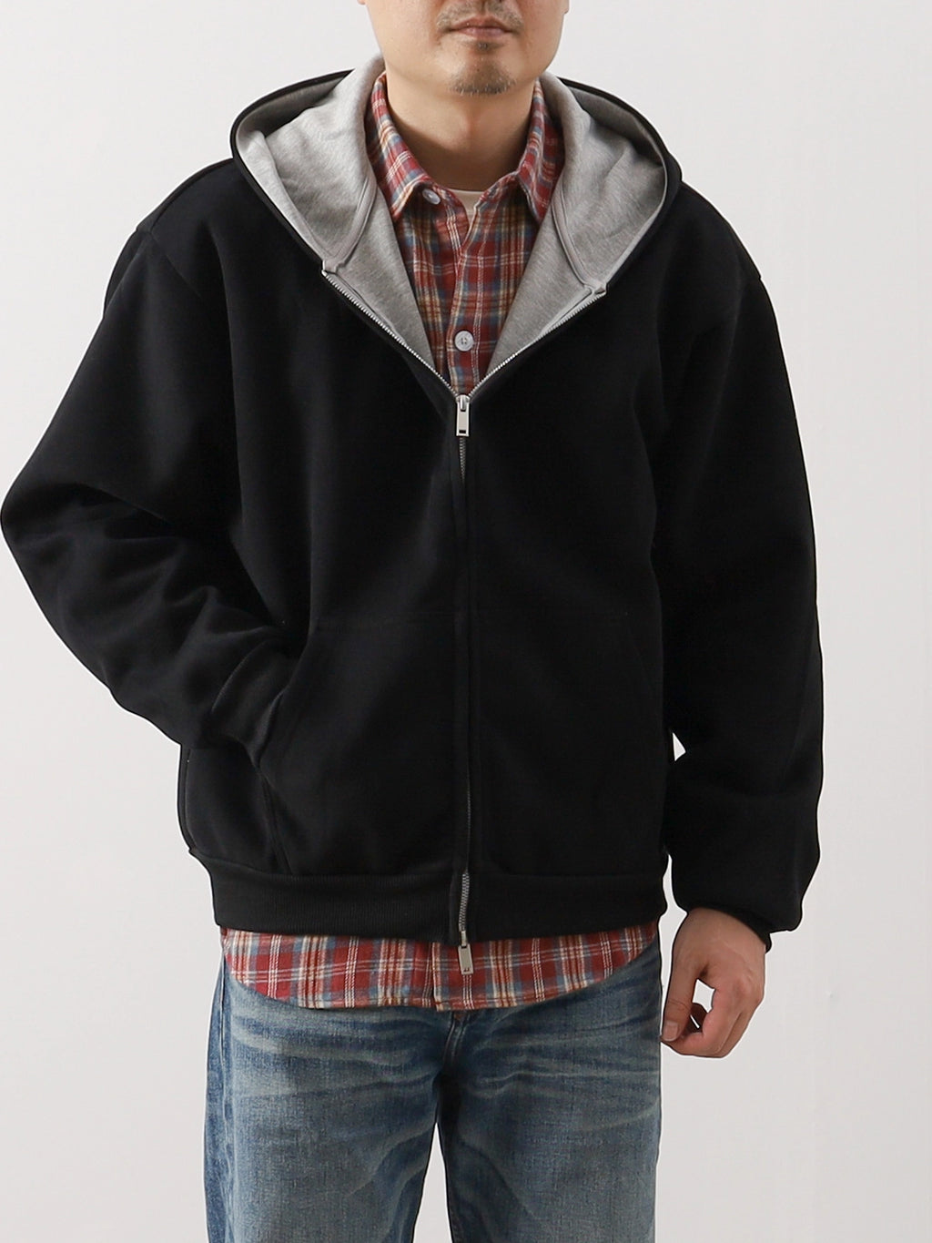 Heavy Contrast-Lined Hooded Cardigan – Short & Wide Loose Fit (Unisex)