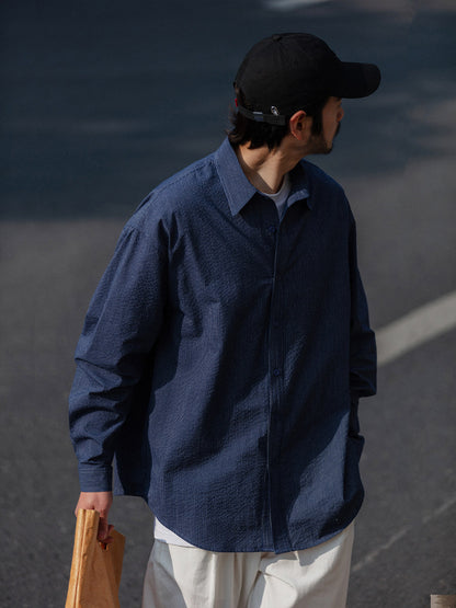 Cotton Pinstripe Shirt – Washed Navy & Relaxed Fit | Yamalinclothes
