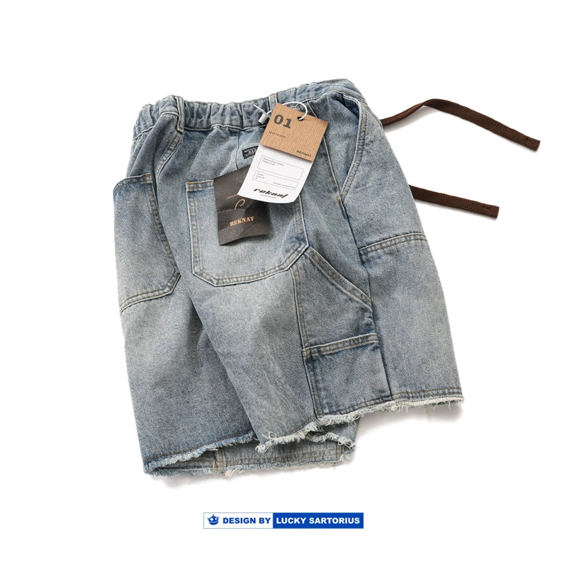 Washed denim elasticated waist shorts Japanese cargo uniform straight leg double knee logging jeans summer youth cropped pants men