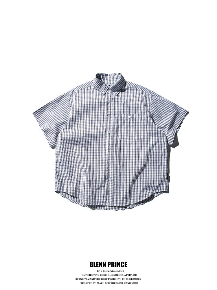 Japanese cityboy plaid lapel short-sleeved shirt boys Korean commuter silhouette trendy brand shirt