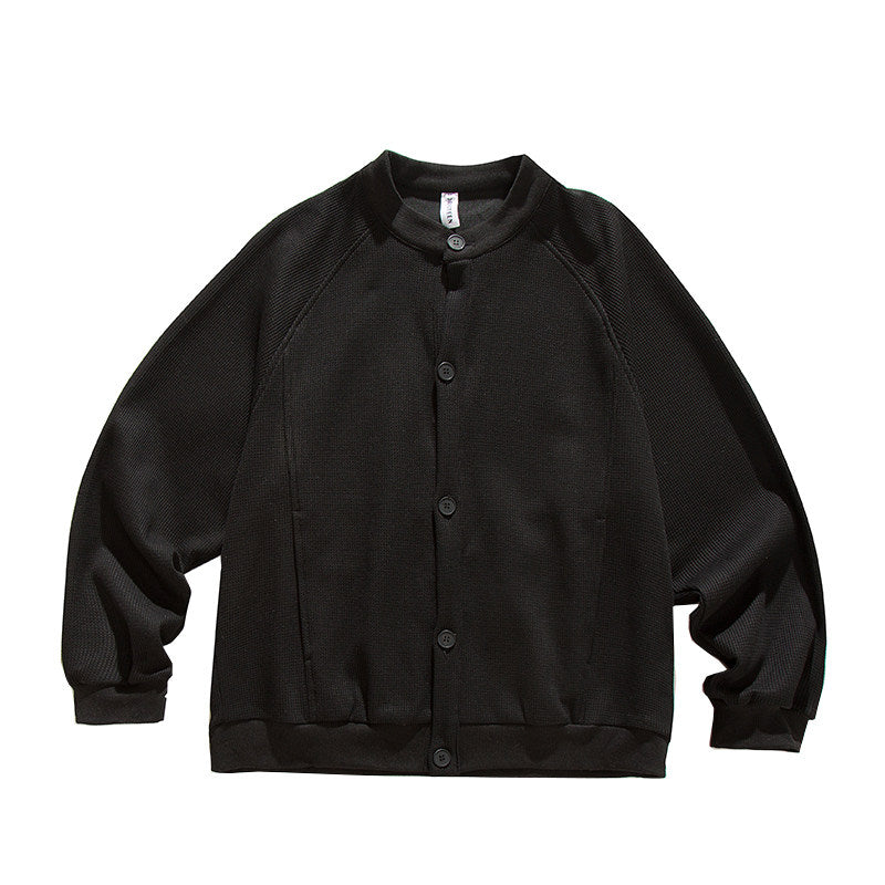 Heavyweight Japanese Waffle Henley Cardigan – Loose Raglan Sleeve Unisex Sweatshirt