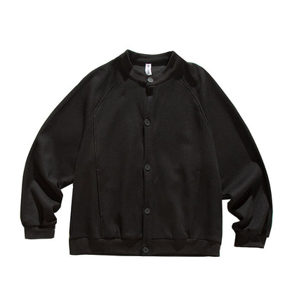 Heavyweight Japanese Waffle Henley Cardigan – Loose Raglan Sleeve Unisex Sweatshirt