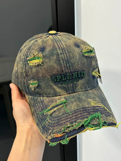American vintage washed old denim baseball cap women's versatile big headset hat embroidered with ripped peaked hats