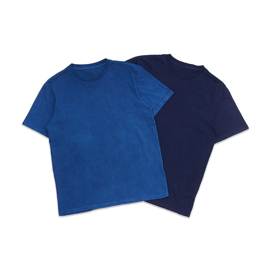 All cotton custom woven hand-made ancient pattern blue dyed short-sleeved T-shirt late night blue sky blue tee
