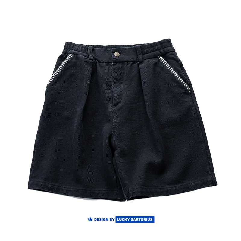 Japanese coarse canvas washed simple embroidery casual loose shorts for men and women