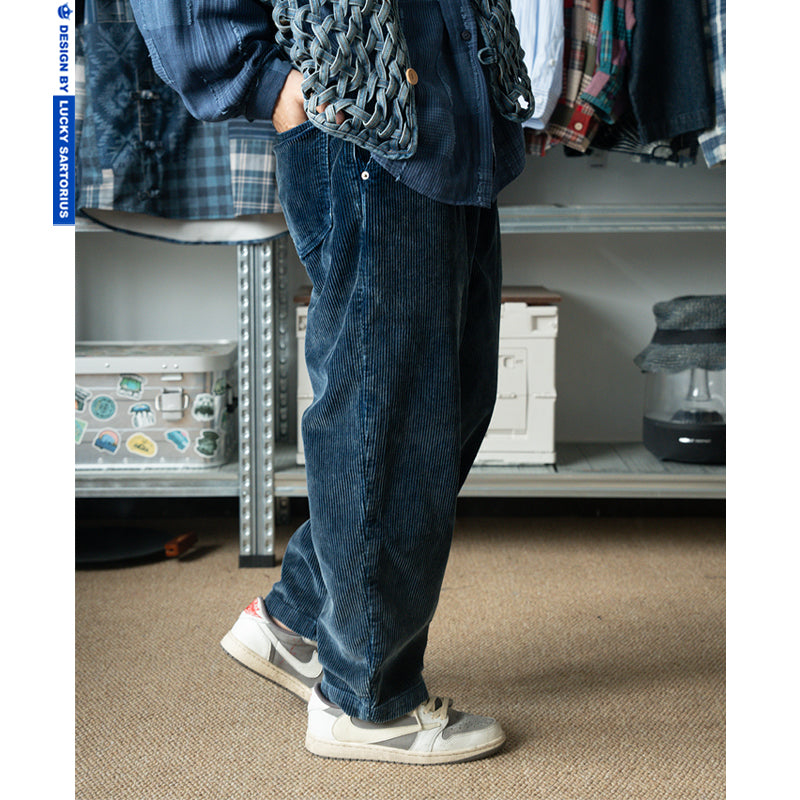 Japanese retro men's pants, thick pit strips, high gram weight, indigo wash, corduroy, casual loose small foot cargo pants, men and women