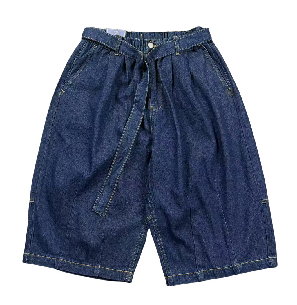 Japanese vintage washed distressed loose straight-leg denim shorts Cityboy high street elasticated waist casual shorts