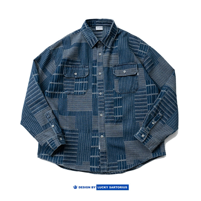 Japanese retro personality texture irregular plaid patchwork denim long-sleeved shirt men