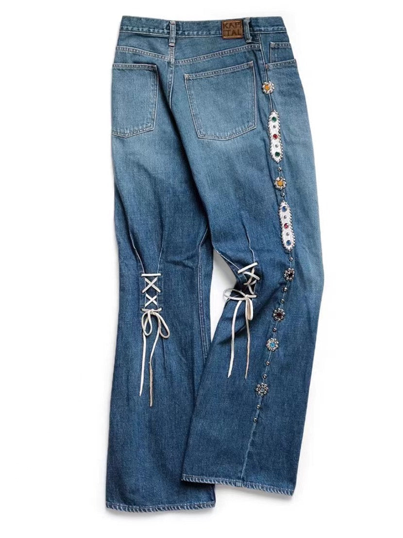 New washed heavy duty jeans jeweled pants