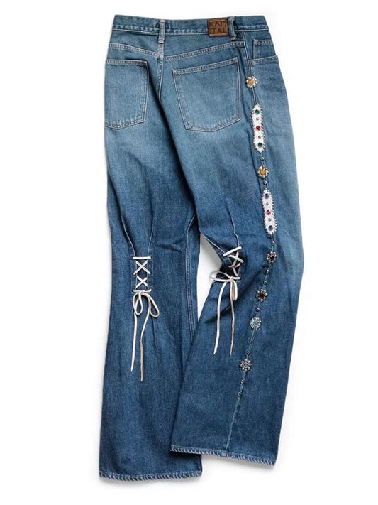New washed heavy duty jeans jeweled pants