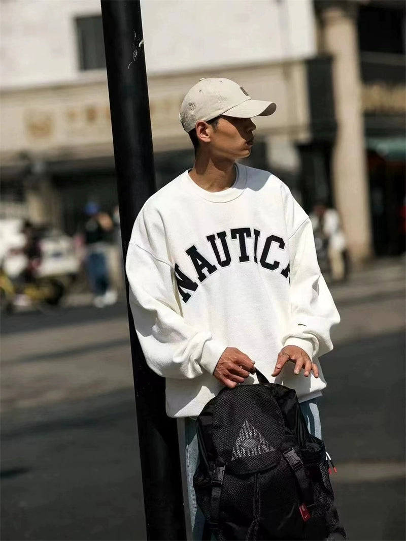 Long sleeve T-shirt men loose casual round collar letter embroidery city boy heavy T-shirt