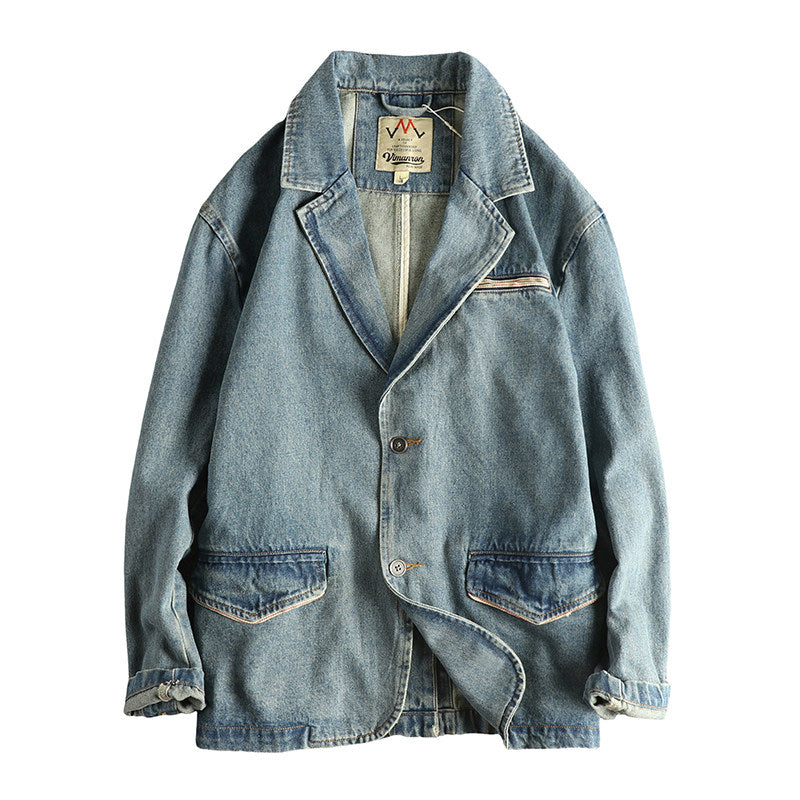 American Wilderness Vintage Heavy Washed Distressed Denim Jacket – Oversized Lapel Trucker Coat
