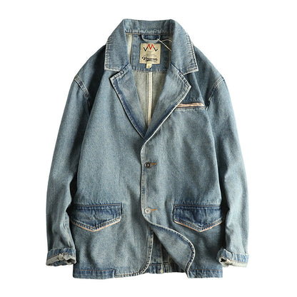 American Wilderness Vintage Heavy Washed Distressed Denim Jacket – Oversized Lapel Trucker Coat